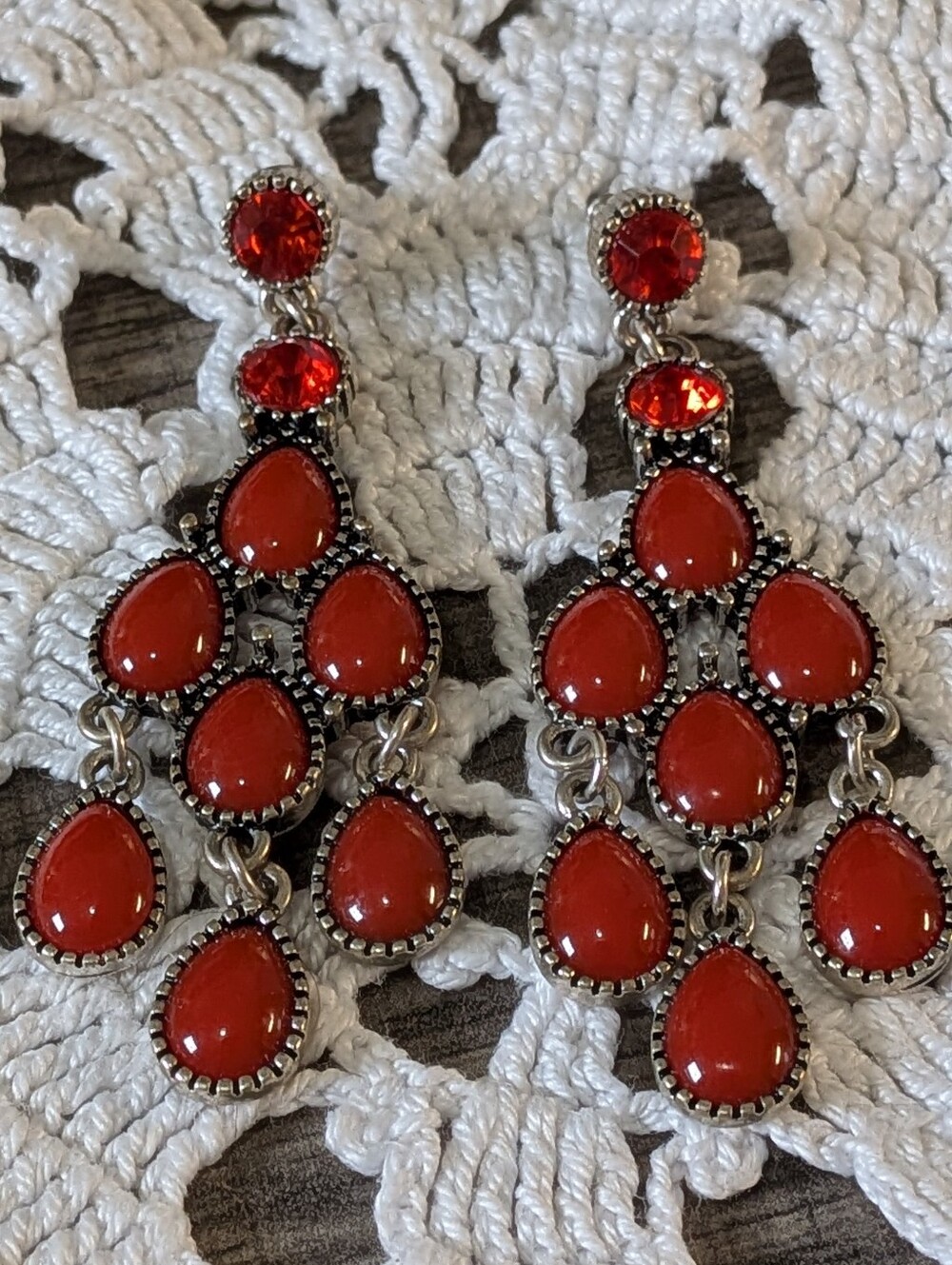 Silver-tone With Red Teardrop Earrings